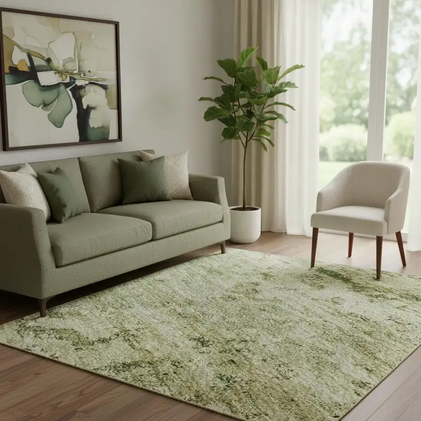 Fern Green And Gold Abstract Washable Area Rug With UV Protection Photo 2