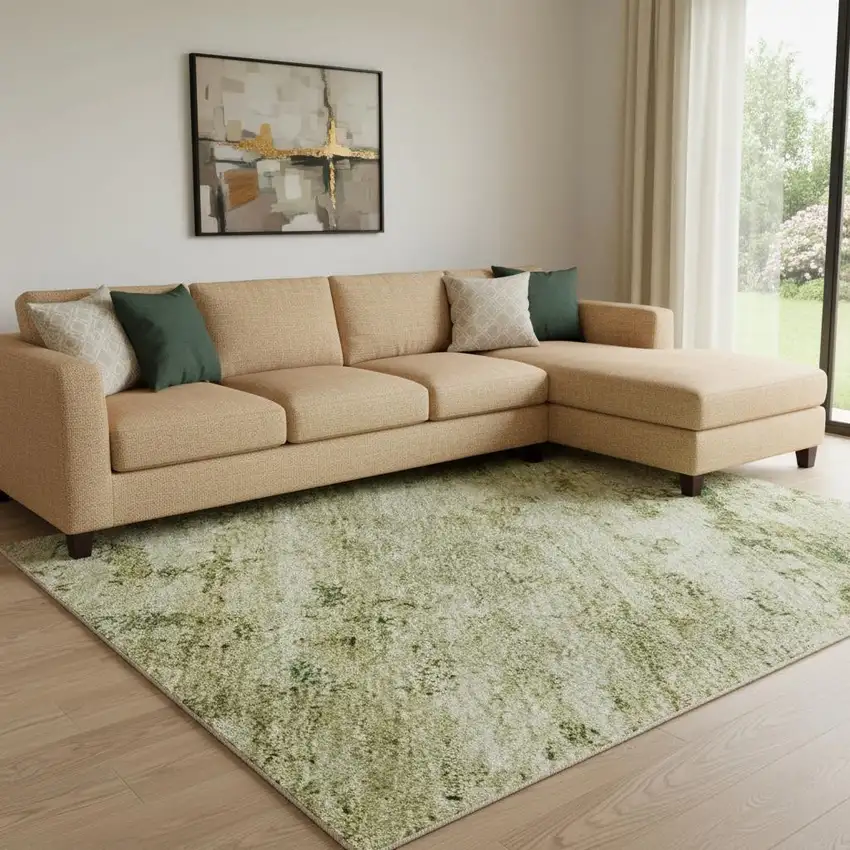 Fern Green And Gold Abstract Washable Area Rug With UV Protection Photo 2