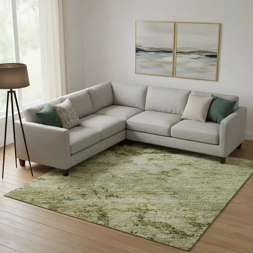 Fern Green And Gold Abstract Washable Area Rug With UV Protection Photo 2