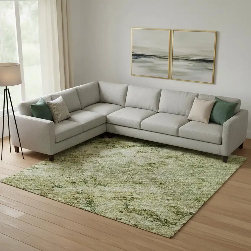 Fern Green And Gold Abstract Washable Area Rug With UV Protection Photo 2