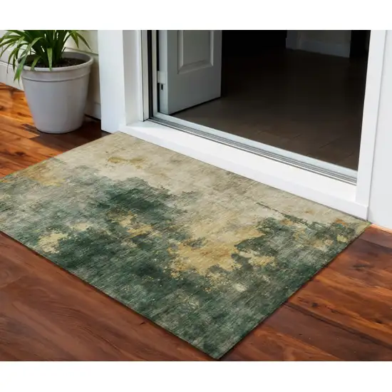 Fern Green And Gold Abstract Washable Indoor Outdoor Area Rug Photo 1