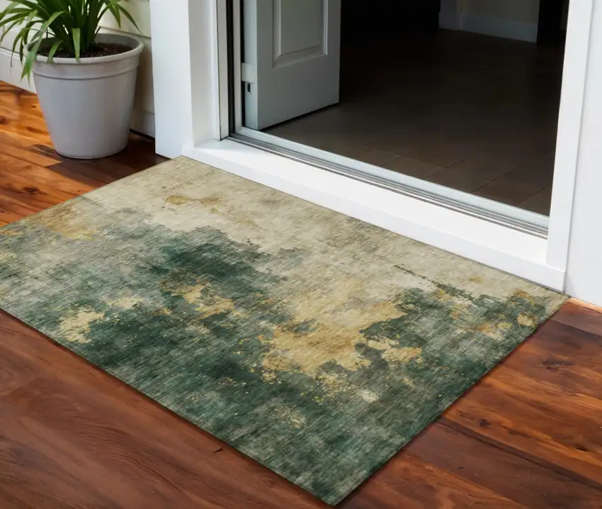 Fern Green And Gold Abstract Washable Indoor Outdoor Area Rug Photo 1