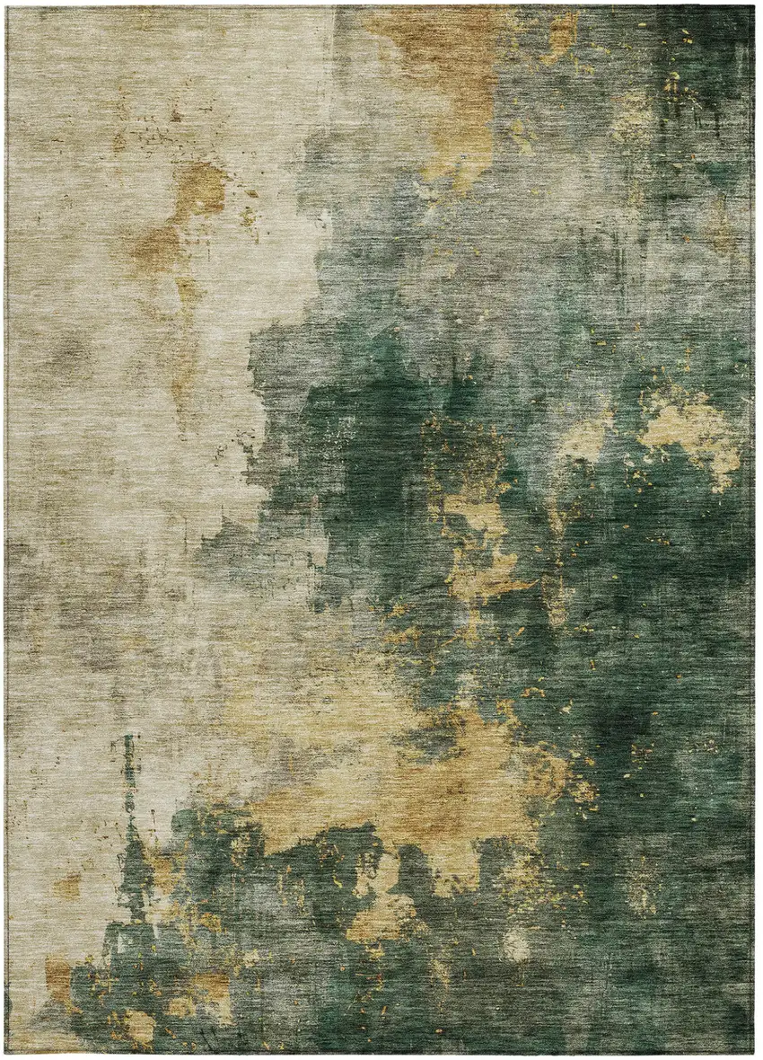 Fern Green And Gold Abstract Washable Indoor Outdoor Area Rug Photo 5