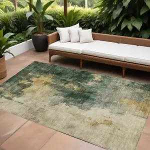 Photo of Fern Green And Gold Abstract Washable Indoor Outdoor Area Rug