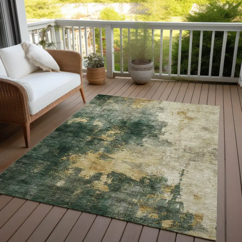 Fern Green And Gold Abstract Washable Indoor Outdoor Area Rug Photo 7