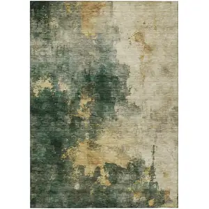 Photo of Fern Green And Gold Abstract Washable Indoor Outdoor Area Rug