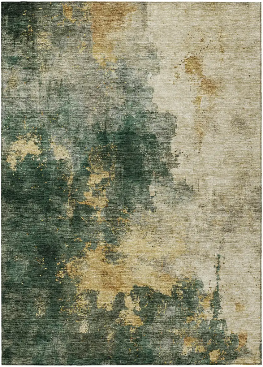 Fern Green And Gold Abstract Washable Indoor Outdoor Area Rug Photo 2