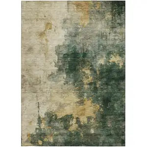 Photo of Fern Green And Gold Abstract Washable Indoor Outdoor Area Rug