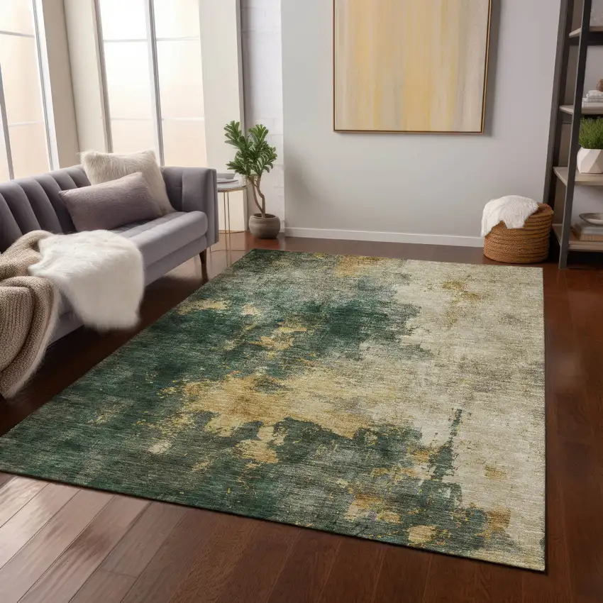 Fern Green And Gold Abstract Washable Indoor Outdoor Area Rug Photo 9