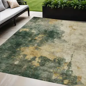 Photo of Fern Green And Gold Abstract Washable Indoor Outdoor Area Rug