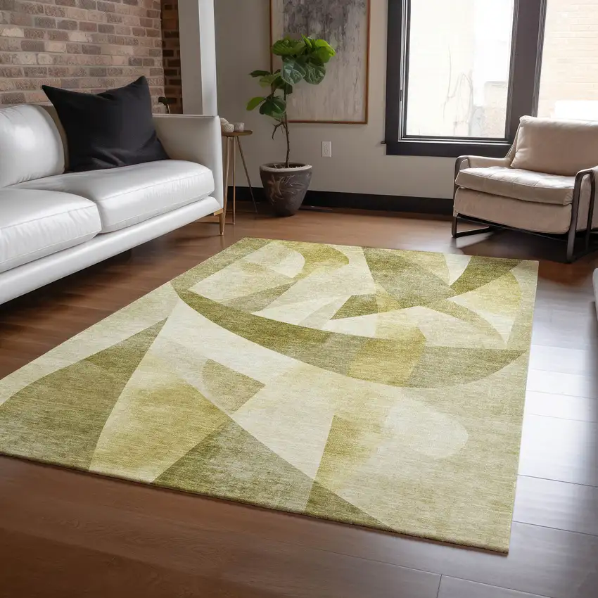 Fern Green And Gold Abstract Washable Indoor Outdoor Area Rug Photo 5