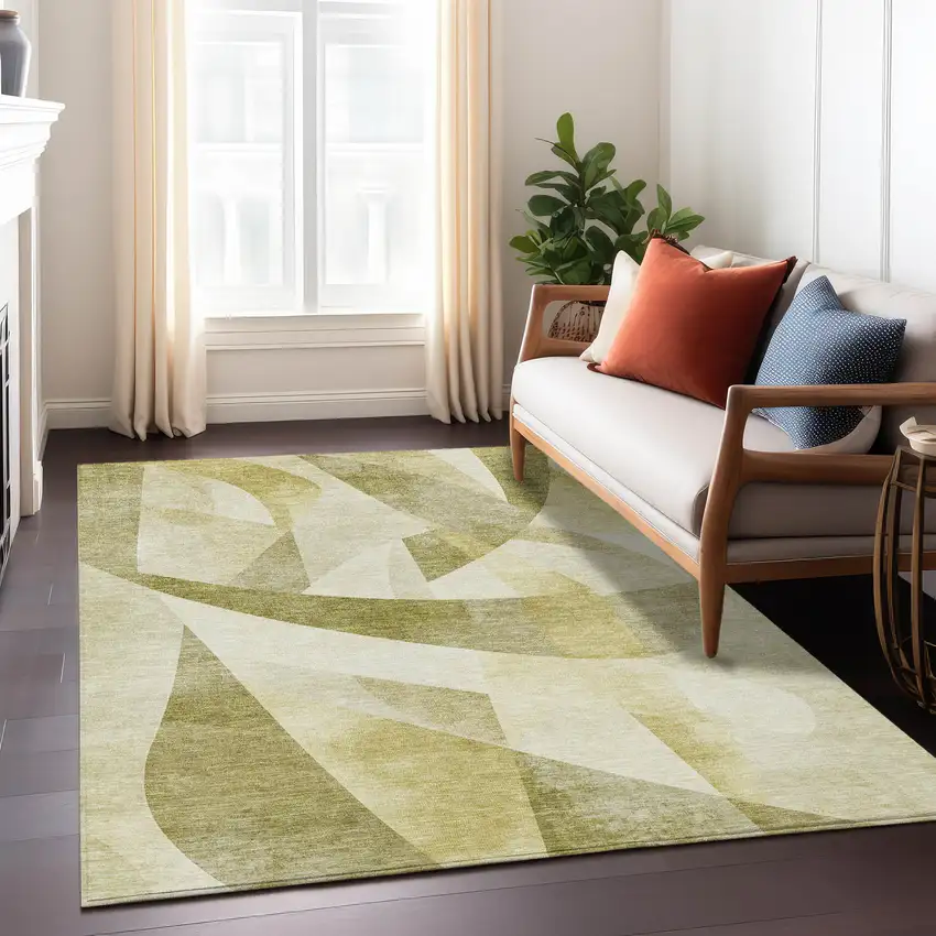 Fern Green And Gold Abstract Washable Indoor Outdoor Area Rug Photo 6