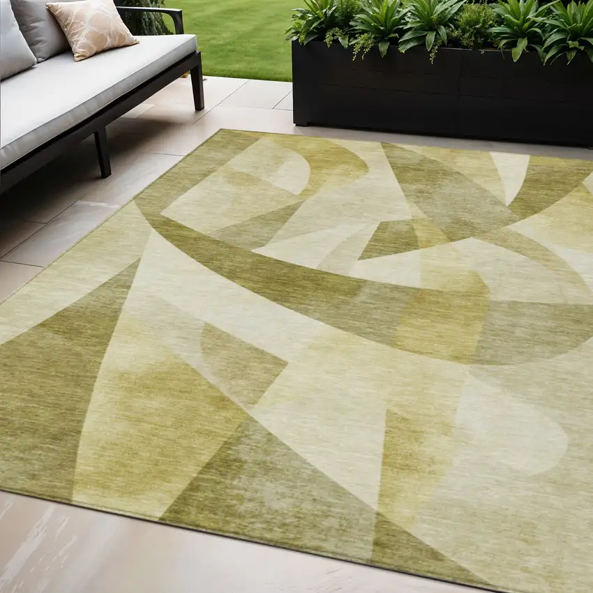 Fern Green And Gold Abstract Washable Indoor Outdoor Area Rug Photo 2