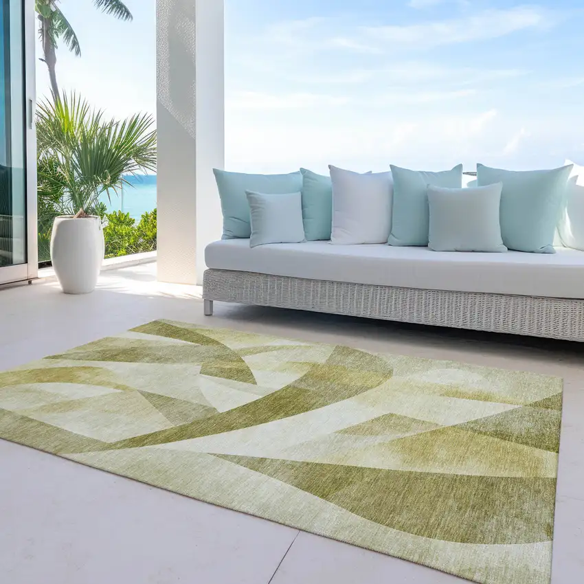 Fern Green And Gold Abstract Washable Indoor Outdoor Area Rug Photo 5
