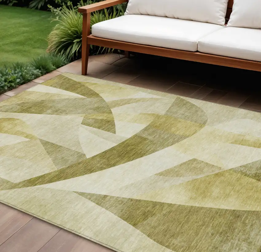 Fern Green And Gold Abstract Washable Indoor Outdoor Area Rug Photo 2