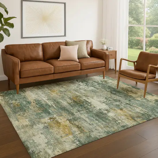 Fern Green And Gold Abstract Washable Indoor Outdoor Area Rug Photo 3