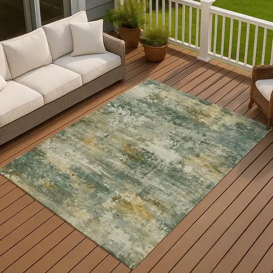Fern Green And Gold Abstract Washable Indoor Outdoor Area Rug Photo 2