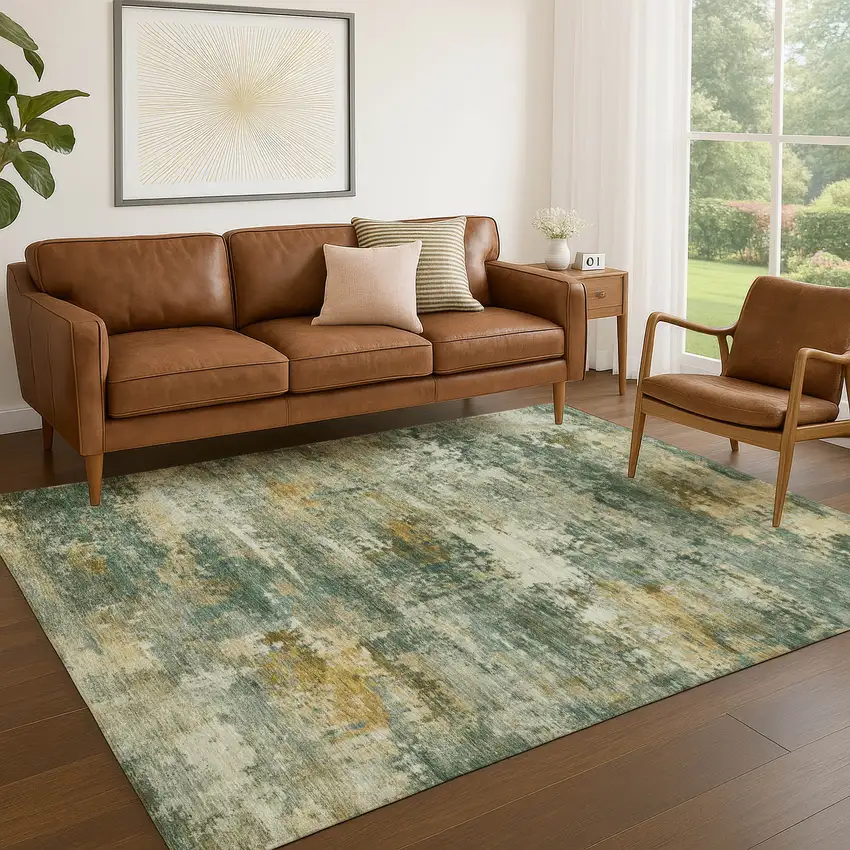 Fern Green And Gold Abstract Washable Indoor Outdoor Area Rug Photo 3