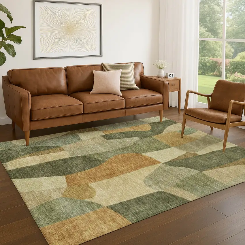 Fern Green And Gold Abstract Washable Indoor Outdoor Area Rug Photo 5
