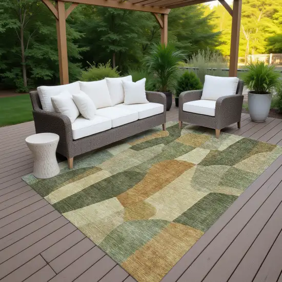 Fern Green And Gold Abstract Washable Indoor Outdoor Area Rug Photo 7