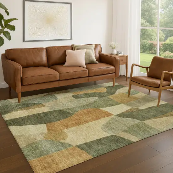 Fern Green And Gold Abstract Washable Indoor Outdoor Area Rug Photo 5