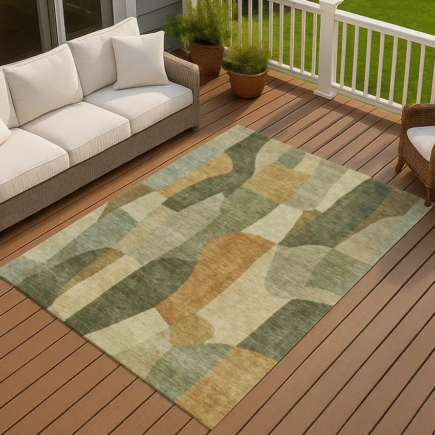 Fern Green And Gold Abstract Washable Indoor Outdoor Area Rug Photo 4