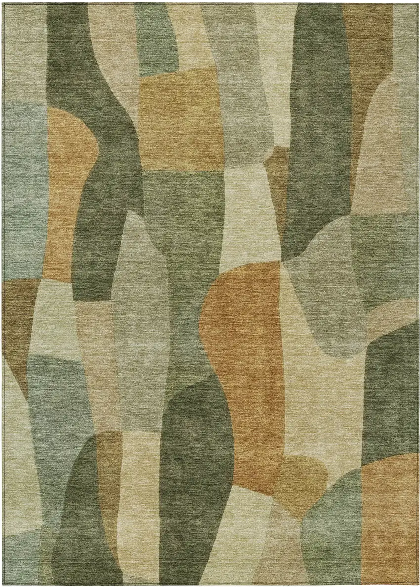 Fern Green And Gold Abstract Washable Indoor Outdoor Area Rug Photo 1