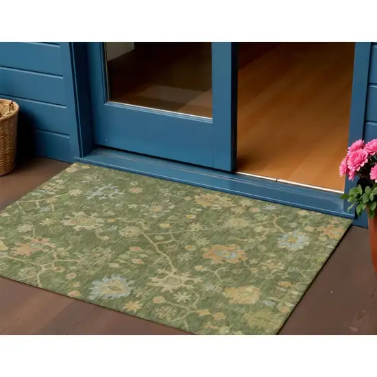 Fern Green And Gold Floral Washable Indoor Outdoor Area Rug Photo 2