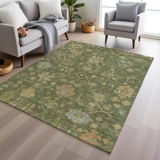 Fern Green And Gold Floral Washable Indoor Outdoor Area Rug Photo 7