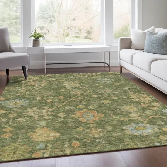 Fern Green And Gold Floral Washable Indoor Outdoor Area Rug Photo 8