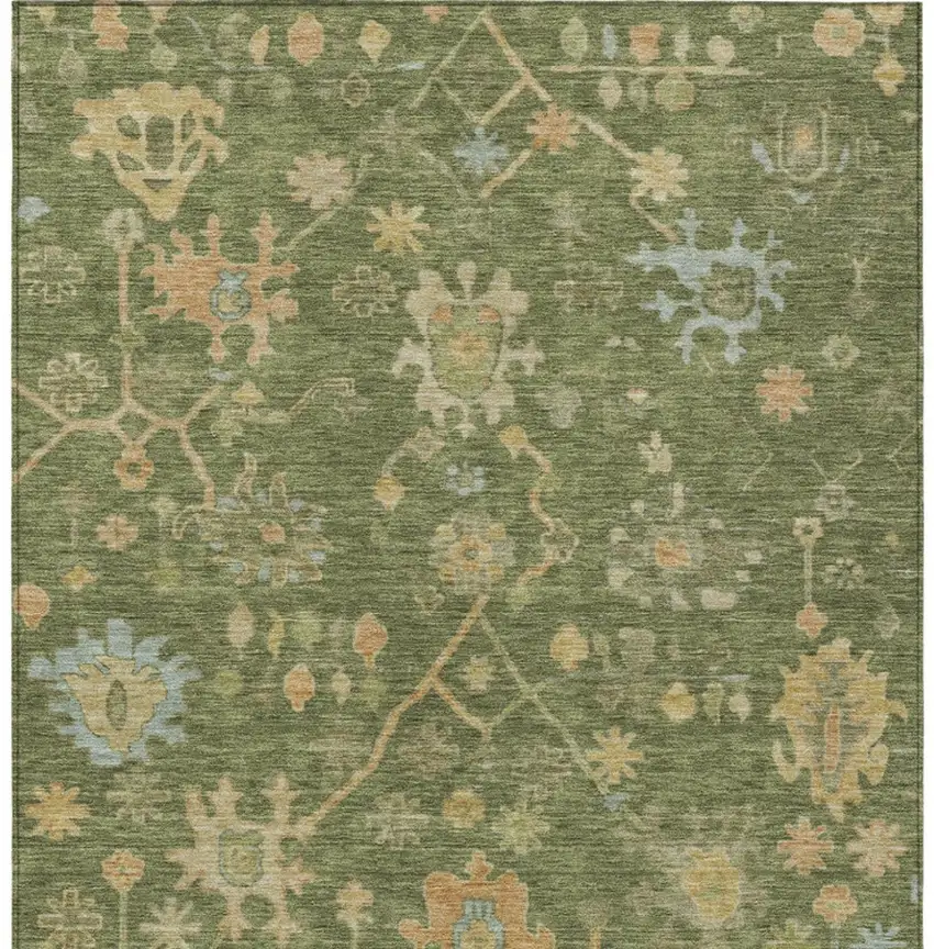 Fern Green And Gold Floral Washable Indoor Outdoor Area Rug Photo 6