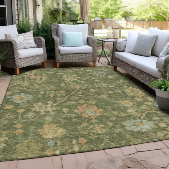 Fern Green And Gold Floral Washable Indoor Outdoor Area Rug Photo 6