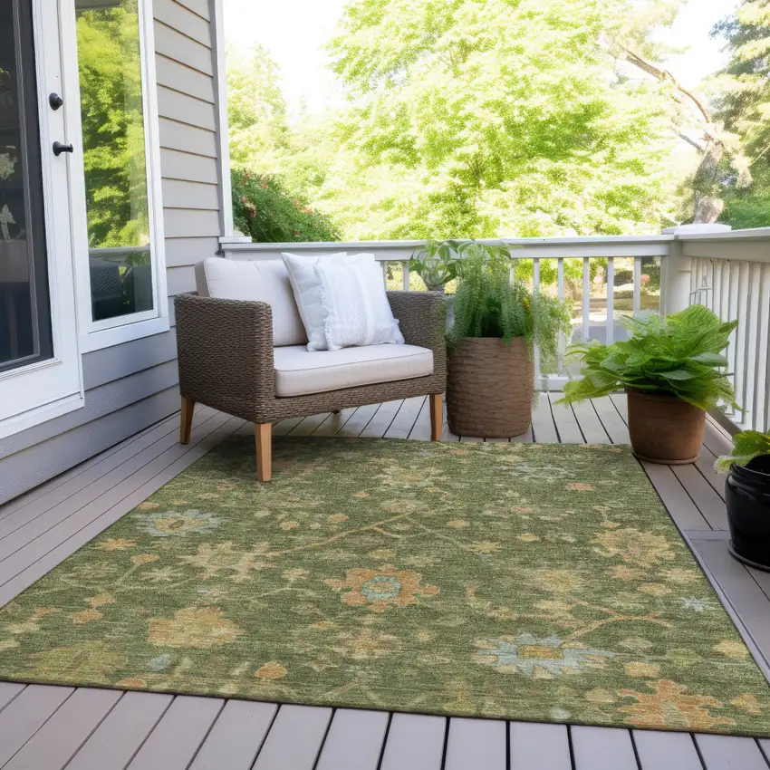 Fern Green And Gold Floral Washable Indoor Outdoor Area Rug Photo 9
