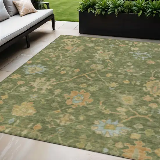 Fern Green And Gold Floral Washable Indoor Outdoor Area Rug Photo 2