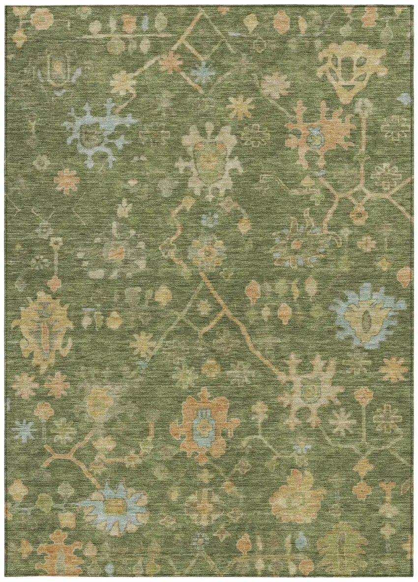 Fern Green And Gold Floral Washable Indoor Outdoor Area Rug Photo 3