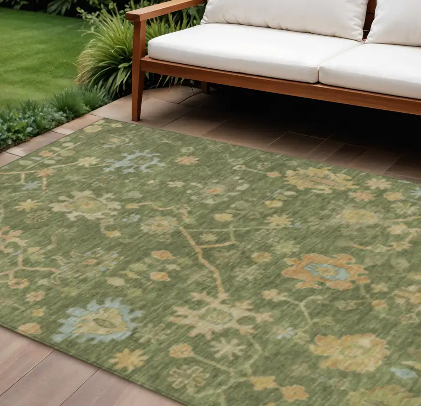 Fern Green And Gold Floral Washable Indoor Outdoor Area Rug Photo 2