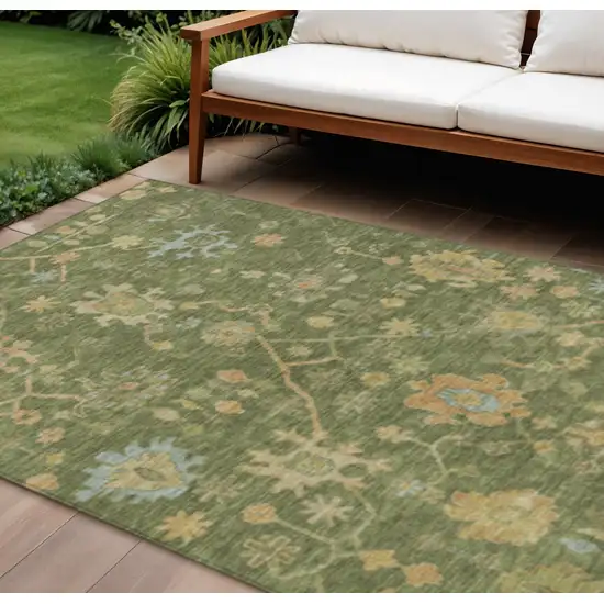 Fern Green And Gold Floral Washable Indoor Outdoor Area Rug Photo 2