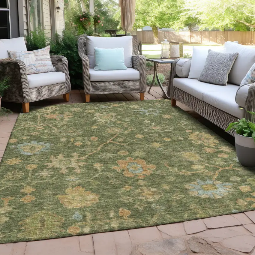 Fern Green And Gold Floral Washable Indoor Outdoor Area Rug Photo 6