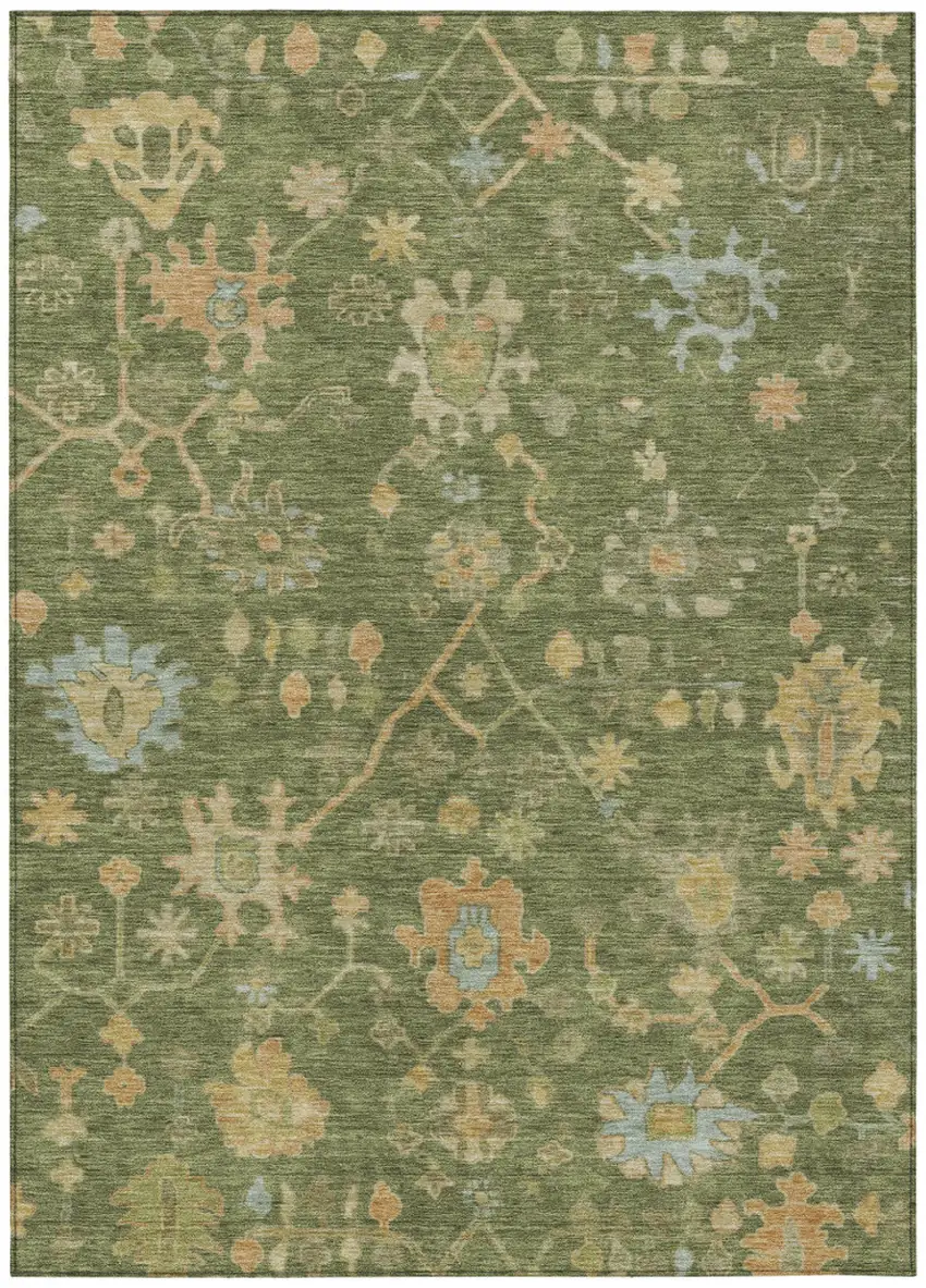 Fern Green And Gold Floral Washable Indoor Outdoor Area Rug Photo 1