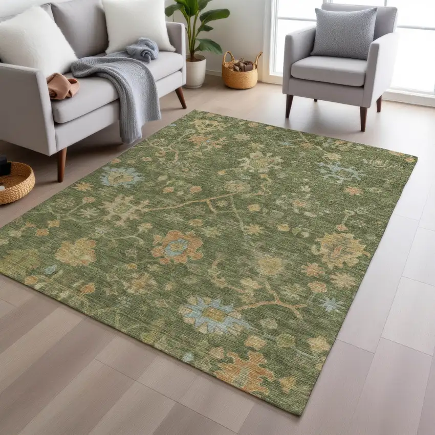 Fern Green And Gold Floral Washable Indoor Outdoor Area Rug Photo 7