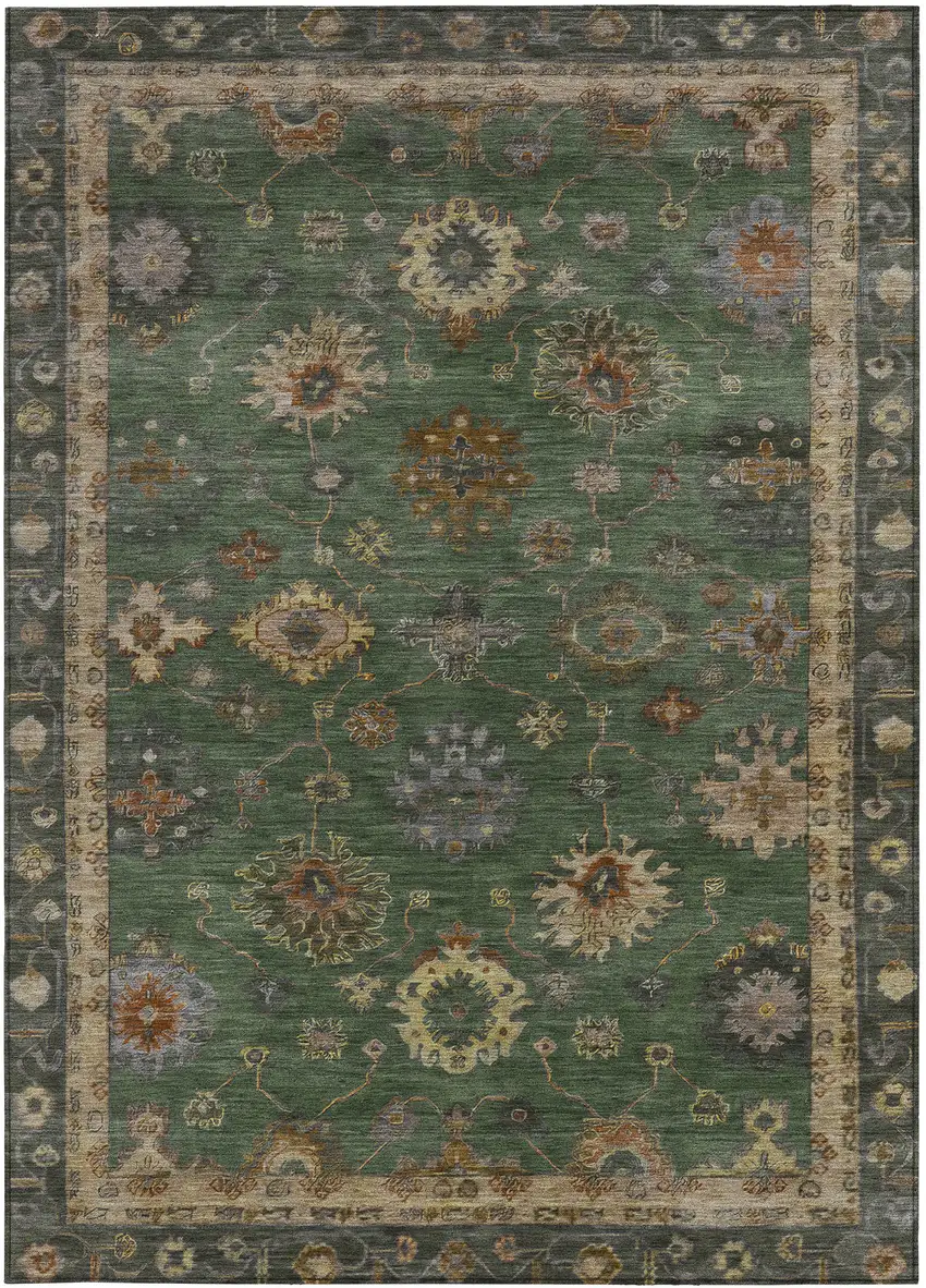 Fern Green And Gold Floral Washable Indoor Outdoor Area Rug Photo 3