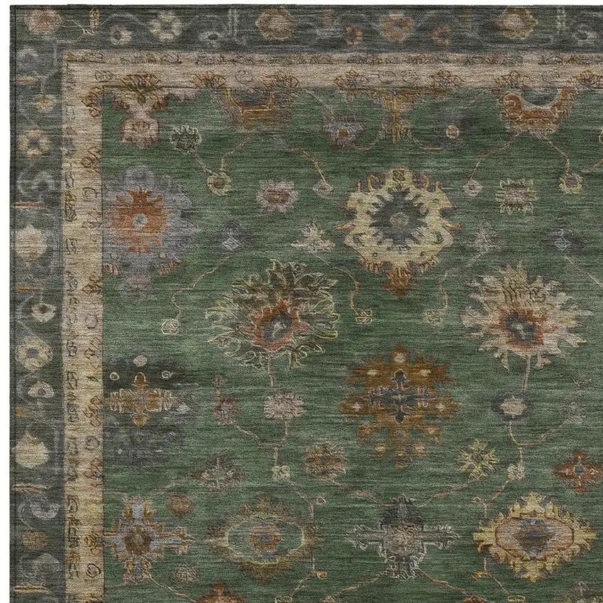 Fern Green And Gold Floral Washable Indoor Outdoor Area Rug Photo 4