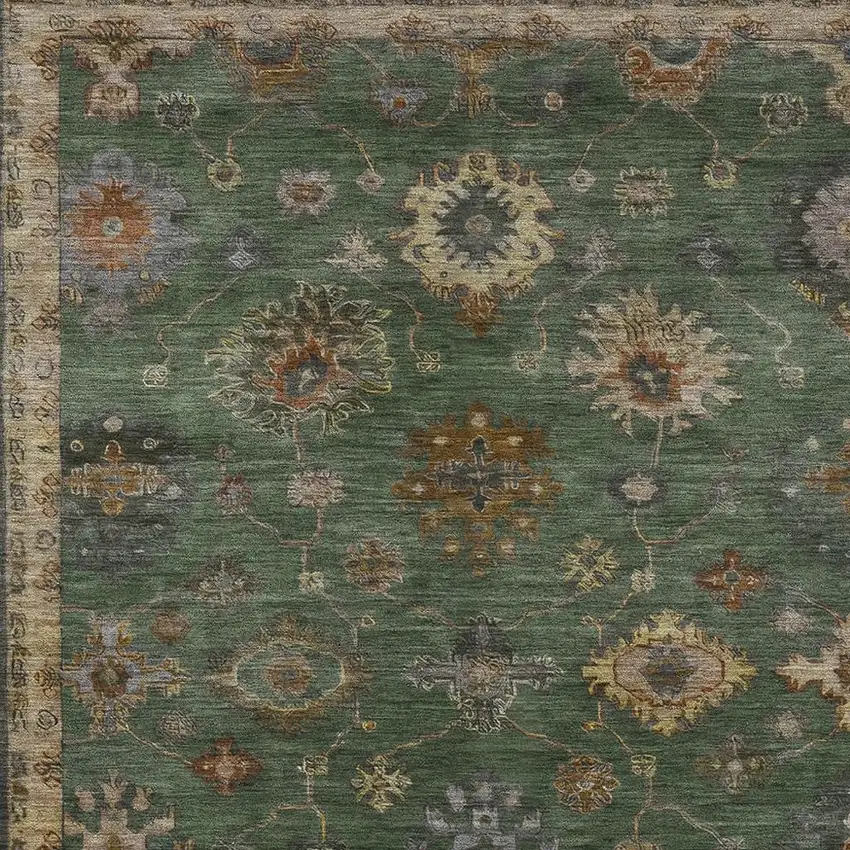 Fern Green And Gold Floral Washable Indoor Outdoor Area Rug Photo 4