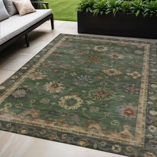 Fern Green And Gold Floral Washable Indoor Outdoor Area Rug Photo 2