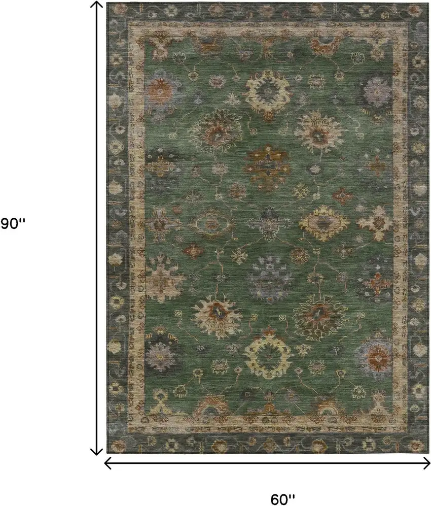 Fern Green And Gold Floral Washable Indoor Outdoor Area Rug Photo 9