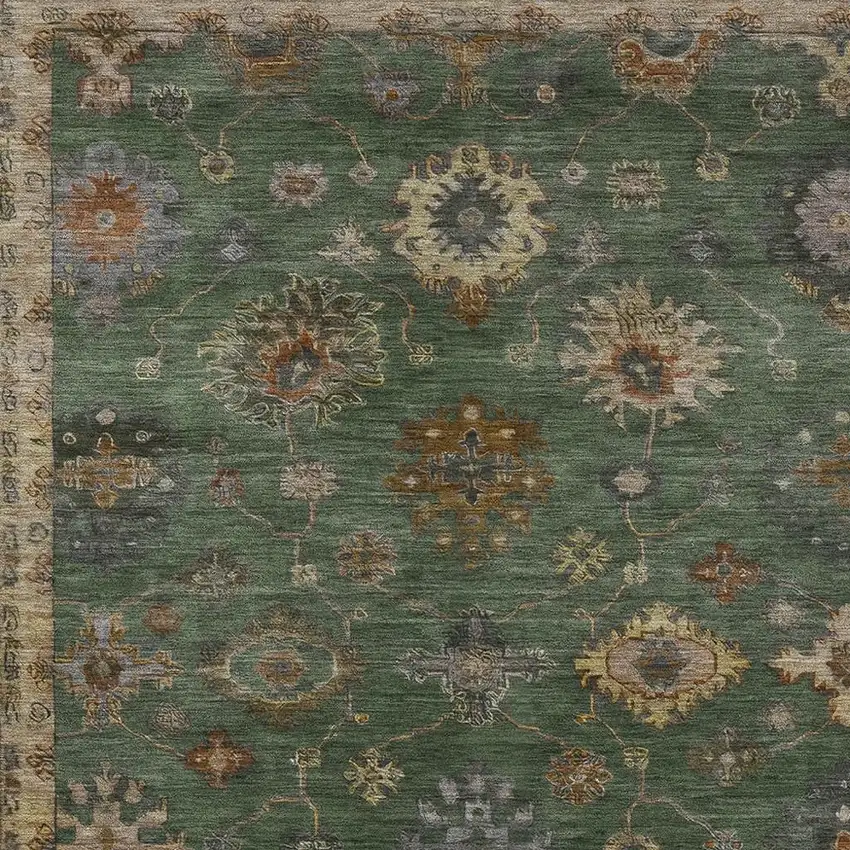 Fern Green And Gold Floral Washable Indoor Outdoor Area Rug Photo 4