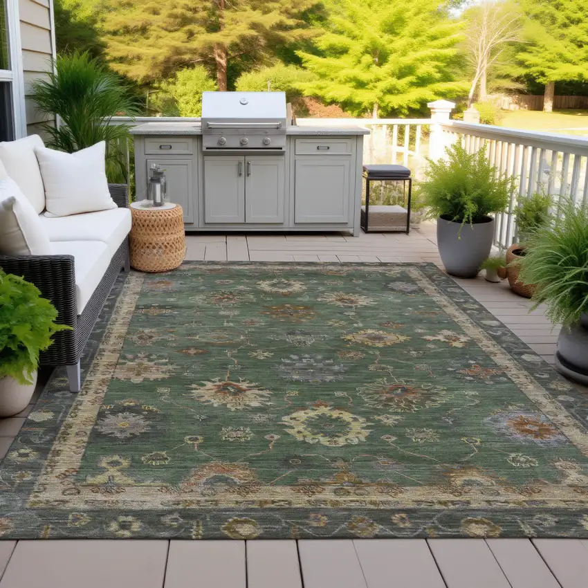Fern Green And Gold Floral Washable Indoor Outdoor Area Rug Photo 4