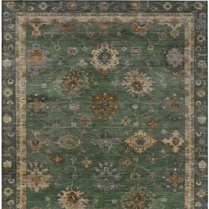 Fern Green And Gold Floral Washable Indoor Outdoor Area Rug Photo 3