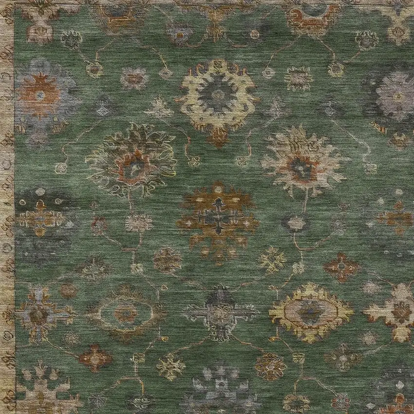 Fern Green And Gold Floral Washable Indoor Outdoor Area Rug Photo 2