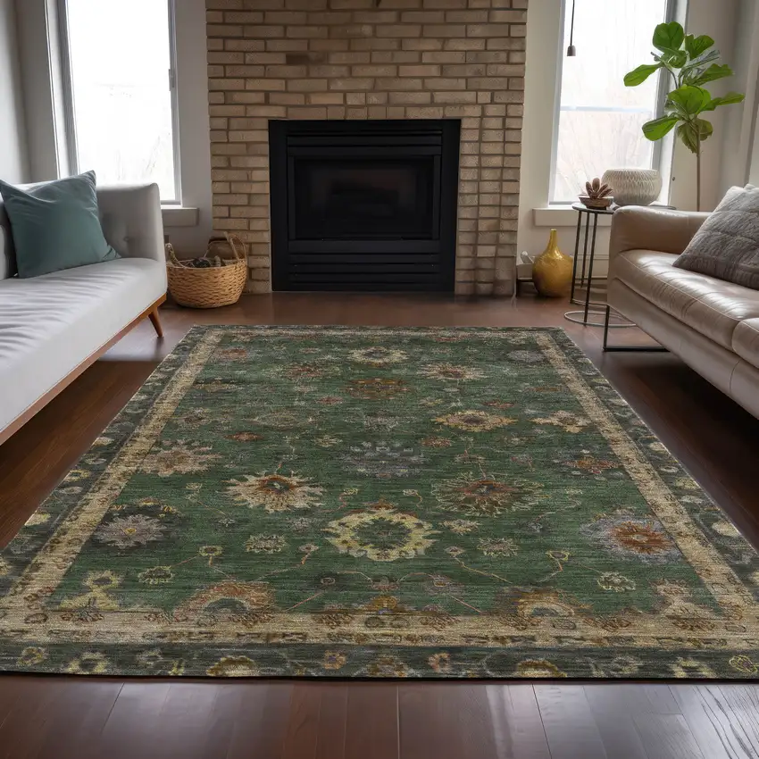 Fern Green And Gold Floral Washable Indoor Outdoor Area Rug Photo 6
